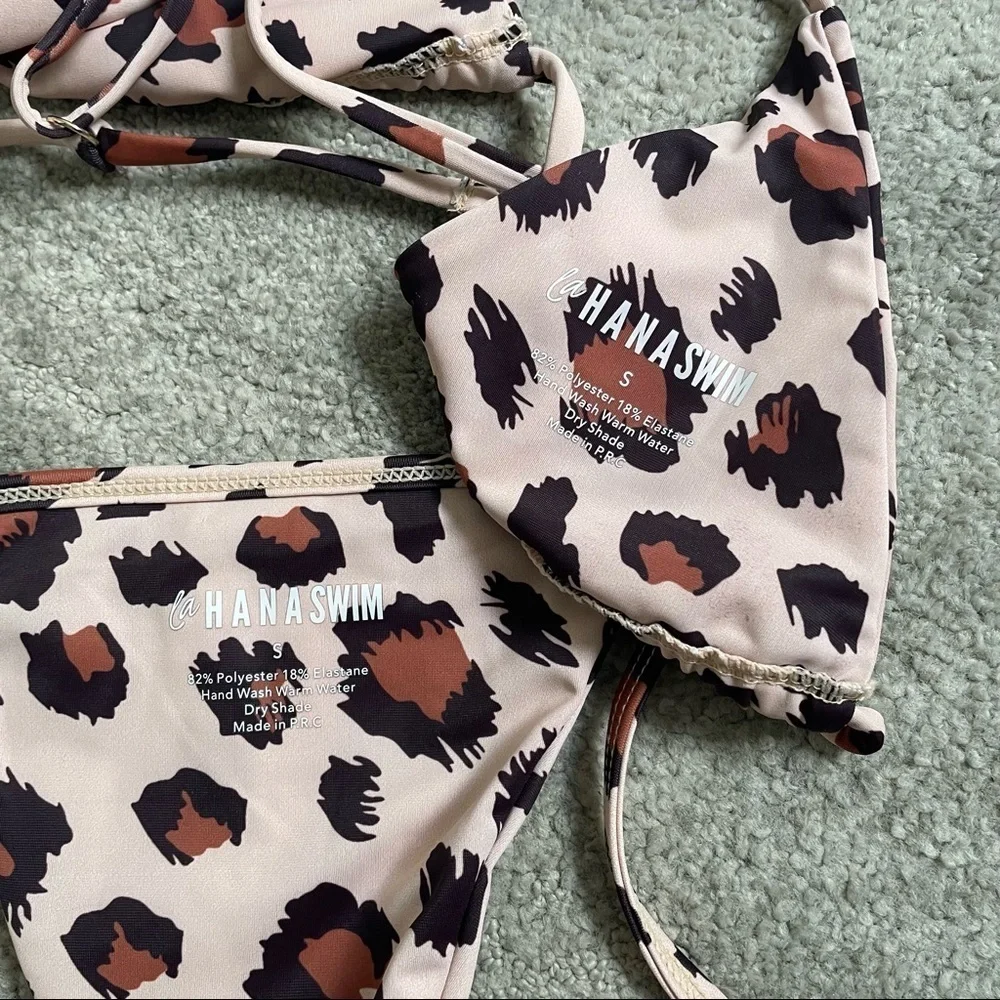 Lahana Swim Leopard Print String Bikini High Cut Bottoms Triangle Top EUC Sz S